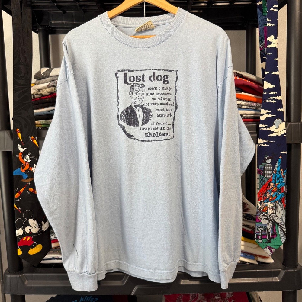 Y2K Light Blue Lost Dog Funny Graphic Long Sleeve Tee XL Light Marks